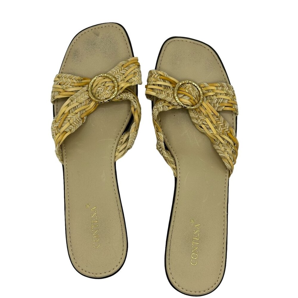 Contessa‎ Italian Wedge Shoes Sandals Womens 9M Slide Coastal Woven Gold Buckle